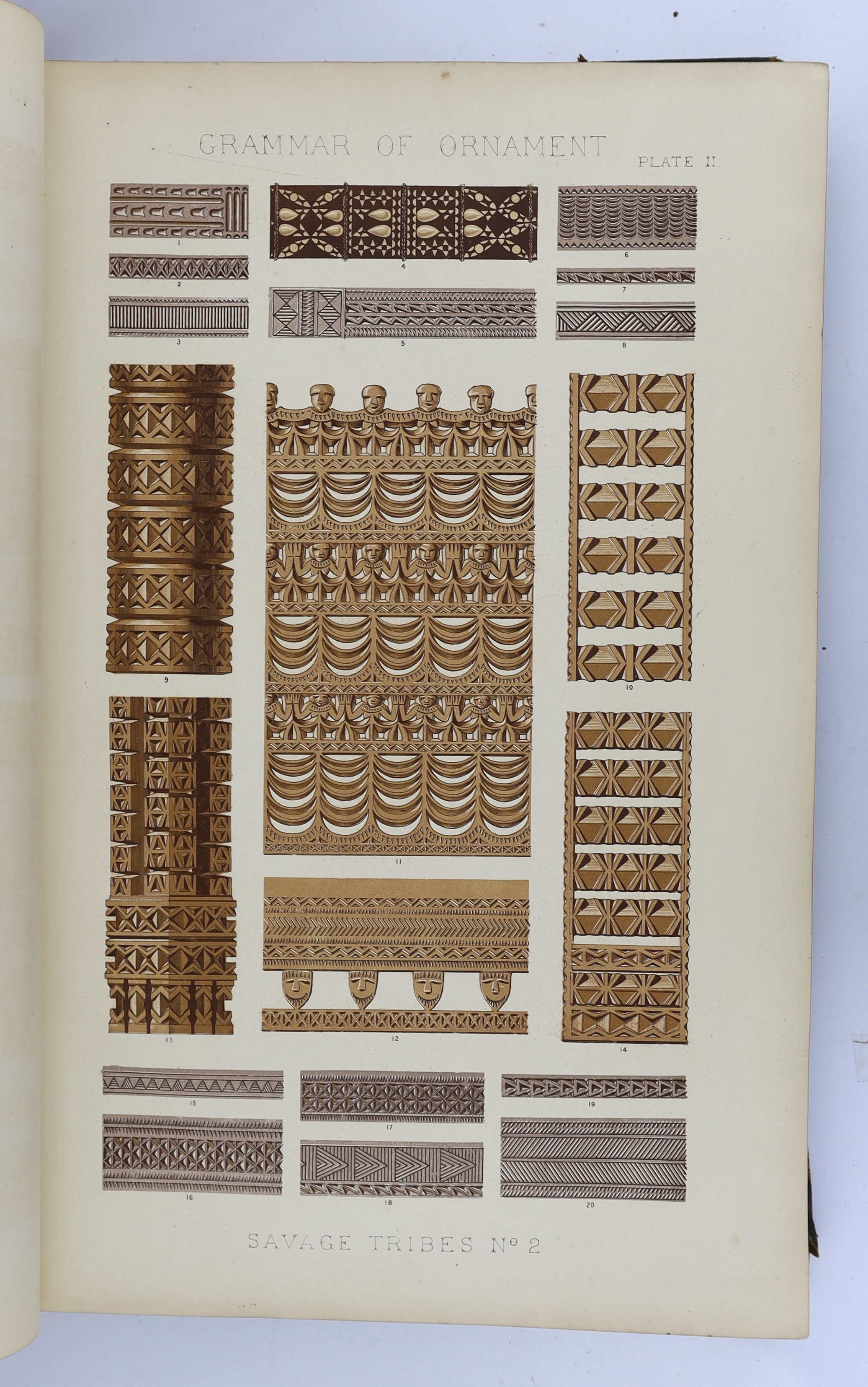 Owen Jones - Grammar of Ornament. Illustrated by Examples of Various Styles of Ornament, one hundred folio plates, drawn on stone by F. Bedford and printed in colours by Day and Son, First Edition. pictorial title (in go